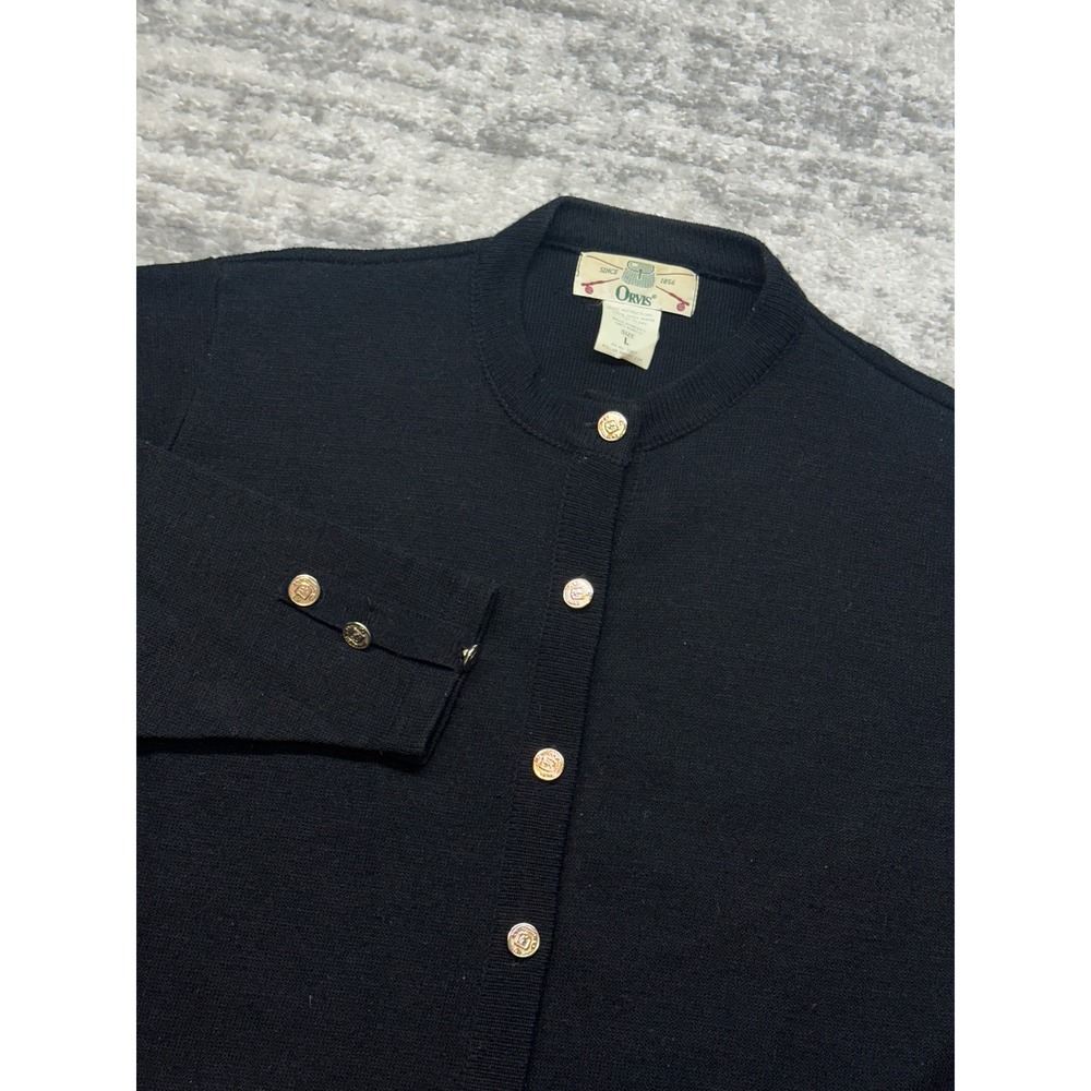 Vintage Orvis Cardigan Sweater Womens Large Black Gold Crest Button Long‎ Sleeve